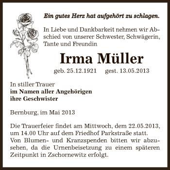 Traueranzeige von Irma Müller von Super Sonntag Bernburg