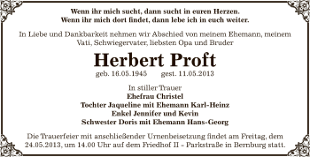 Traueranzeige von Herbert Proft von Super Sonntag Bernburg