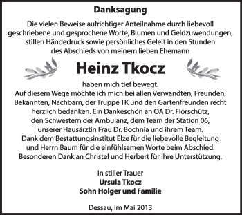 Traueranzeige von Heinz Tkocz von Super Sonntag Dessau / Köthen