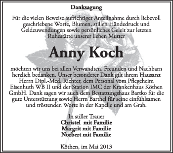 Traueranzeige von Anny Koch von Super Sonntag Dessau / Köthen