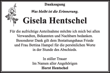 Traueranzeige von Gisela Hentschel von Super Sonntag Dessau / Köthen