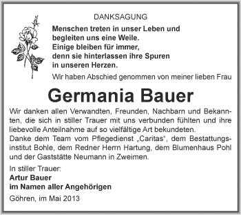 Traueranzeige von Germania Bauer von Super Sonntag Merseburg
