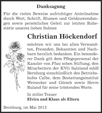 Traueranzeige von Christian Höckendorf von Super Sonntag Bernburg