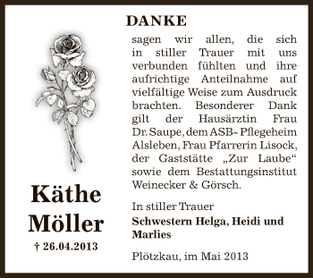 Traueranzeige von Käthe Möller von Super Sonntag Bernburg