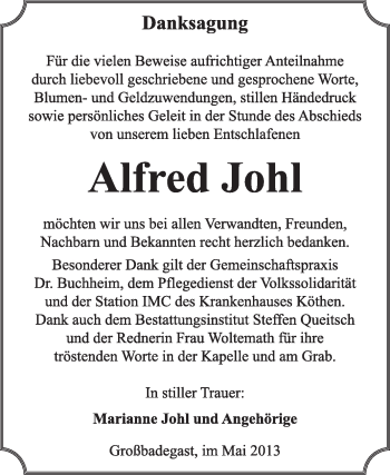 Traueranzeige von Alfred Johl von Super Sonntag Dessau / Köthen