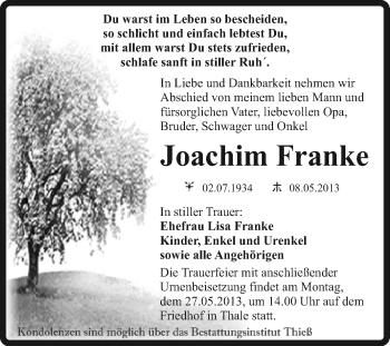 Traueranzeige von Joachim Franke von Super Sonntag Quedlinburg