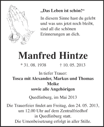 Traueranzeige von Manfred Hintze von WVG - Wochenspiegel Quedlinburg