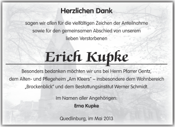 Traueranzeige von Erich Kupke von WVG - Wochenspiegel Quedlinburg