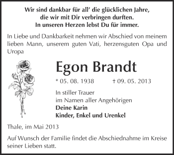 Traueranzeige von Egon Brandt von WVG - Wochenspiegel Quedlinburg