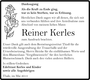 Traueranzeige von Reiner Kerles von Super Sonntag Quedlinburg