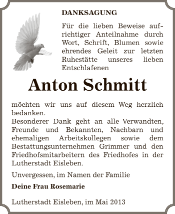 Traueranzeige von Anton Schmitt von Wochenspiegel Mansfelder Land