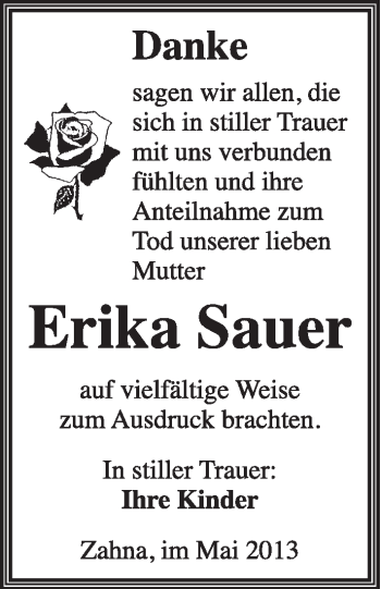 Traueranzeige von Erika Sauer von Super Sonntag Wittenberg