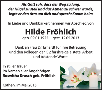 Traueranzeige von Hilde Fröhlich von Super Sonntag Dessau / Köthen