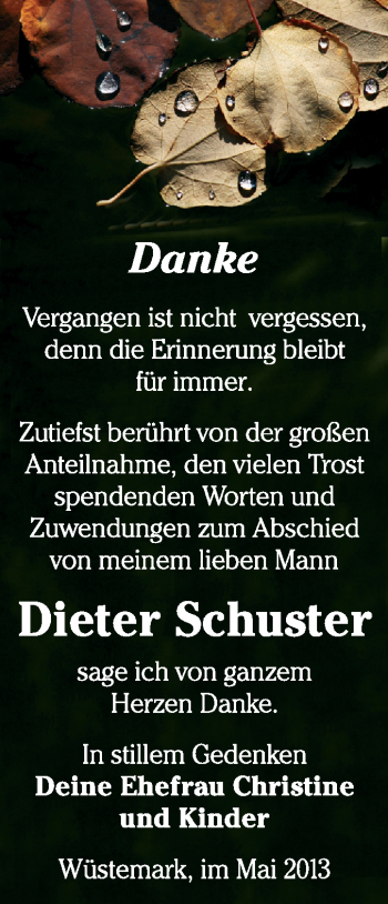 Traueranzeige von Dieter Schuster von WVG - Wochenspiegel Wittenberg