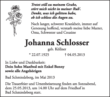 Traueranzeige von Johanna Schlosser von WVG - Wochenspiegel Wittenberg
