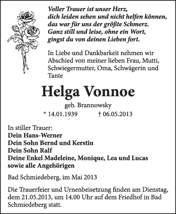 Traueranzeige von Helga Vonnoe von WVG - Wochenspiegel Wittenberg