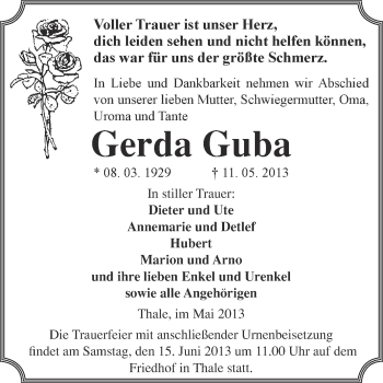 Traueranzeige von Gerda Guba von WVG - Wochenspiegel Quedlinburg