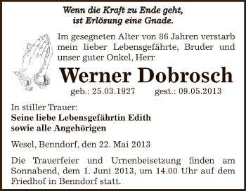 Traueranzeige von Werner Dobrosch von Wochenspiegel Mansfelder Land