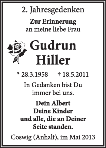 Traueranzeige von Gudrun Hiller von Super Sonntag Wittenberg
