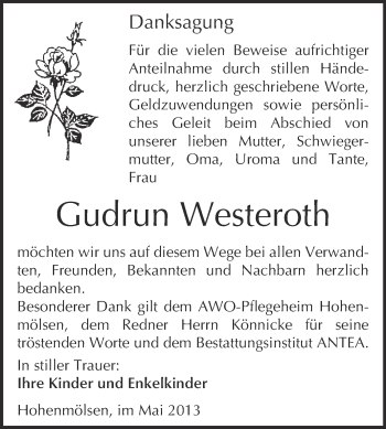 Traueranzeige von Gudrun Westeroth von WVG - Wochenspiegel NMB / WSF / ZTZ