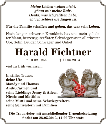 Traueranzeige von Harald Fichtner von Super Sonntag Bernburg