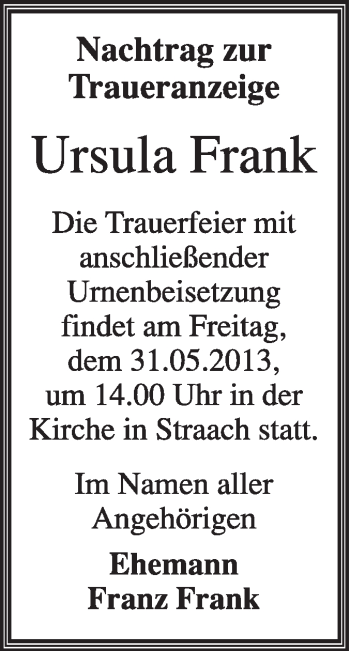 Traueranzeige von Ursula Frank von WVG - Wochenspiegel Wittenberg