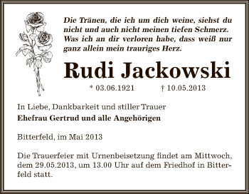 Traueranzeige von Rudi Jackowski von WVG - Wochenspiegel Bitterfeld