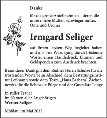 Traueranzeige von Irmgard Seliger von WVG - Wochenspiegel Wittenberg