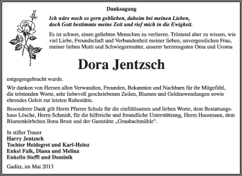 Traueranzeige von Dora Jentzsch von Super Sonntag Wittenberg