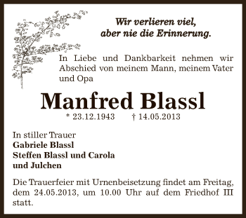 Traueranzeige von Manfred Blassl von Super Sonntag Bernburg
