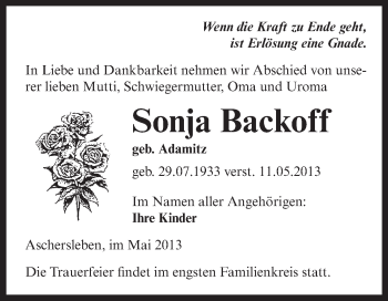 Traueranzeige von Sonja Backoff von Super Sonntag Aschersleben