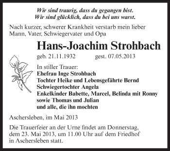 Traueranzeige von Hans-Joachim Strohbach von Super Sonntag Aschersleben