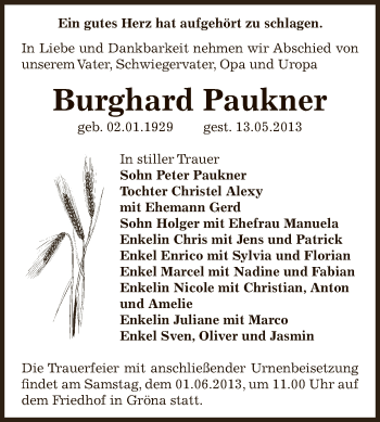 Traueranzeige von Burghard Paukner von Super Sonntag Bernburg