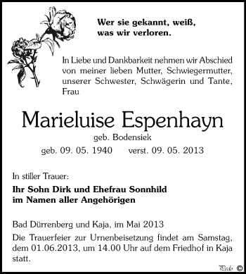 Traueranzeige von Marieluise Espenhayn von WVG - Wochenspiegel NMB / WSF / ZTZ