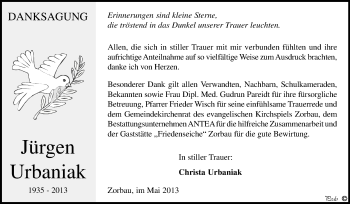 Traueranzeige von Jürgen Urbaniak von WVG - Wochenspiegel NMB / WSF / ZTZ