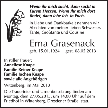 Traueranzeige von Erna Grasenack von WVG - Wochenspiegel Wittenberg