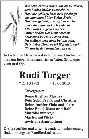 Traueranzeige von Rudi Torger von Super Sonntag Dessau / Köthen