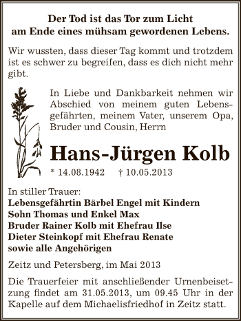 Traueranzeige von Hans-Jürgen Kolb von Super Sonntag Zeitz
