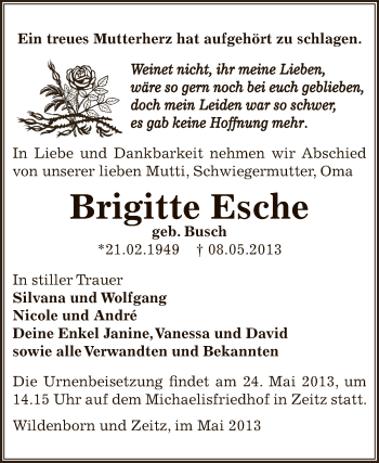 Traueranzeige von Brigitte Esche von Super Sonntag Zeitz