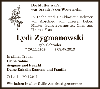Traueranzeige von Lydi Zygmanowski von Super Sonntag Zeitz