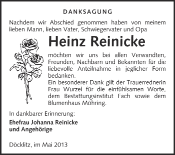 Traueranzeige von Heinz Reinicke von WVG - Wochenspiegel Merseburg