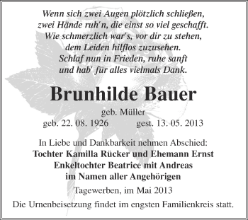 Traueranzeige von Brunhilde Bauer von WVG - Wochenspiegel Merseburg