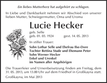 Traueranzeige von Lucie Hecker von WVG - Wochenspiegel Merseburg
