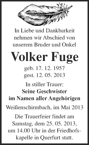 Traueranzeige von Volker Fuge von WVG - Wochenspiegel Merseburg