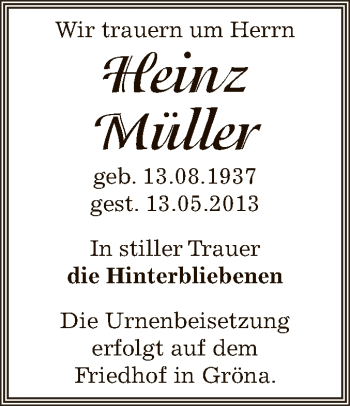 Traueranzeige von Heinz Müller von Super Sonntag Bernburg