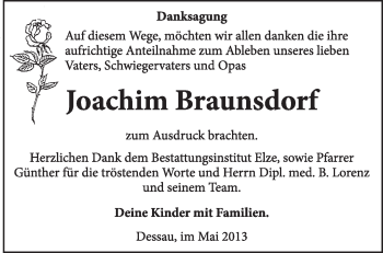 Traueranzeige von Joachim Braunsdorf von Super Sonntag Dessau / Köthen