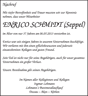 Traueranzeige von Enrico Schmdit von Super Sonntag Dessau / Köthen