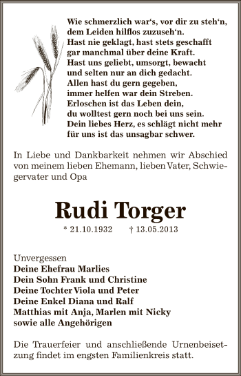 Traueranzeige von Rudi Torger von WVG - Wochenspiegel Dessau / Köthen