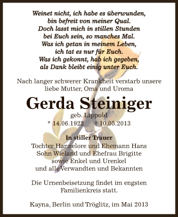 Traueranzeige von Gerda Steiniger von Super Sonntag Zeitz