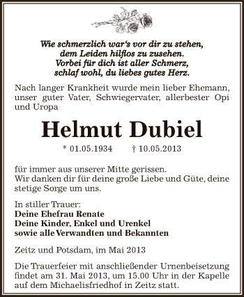Traueranzeige von Helmut Dubiel von Super Sonntag Zeitz